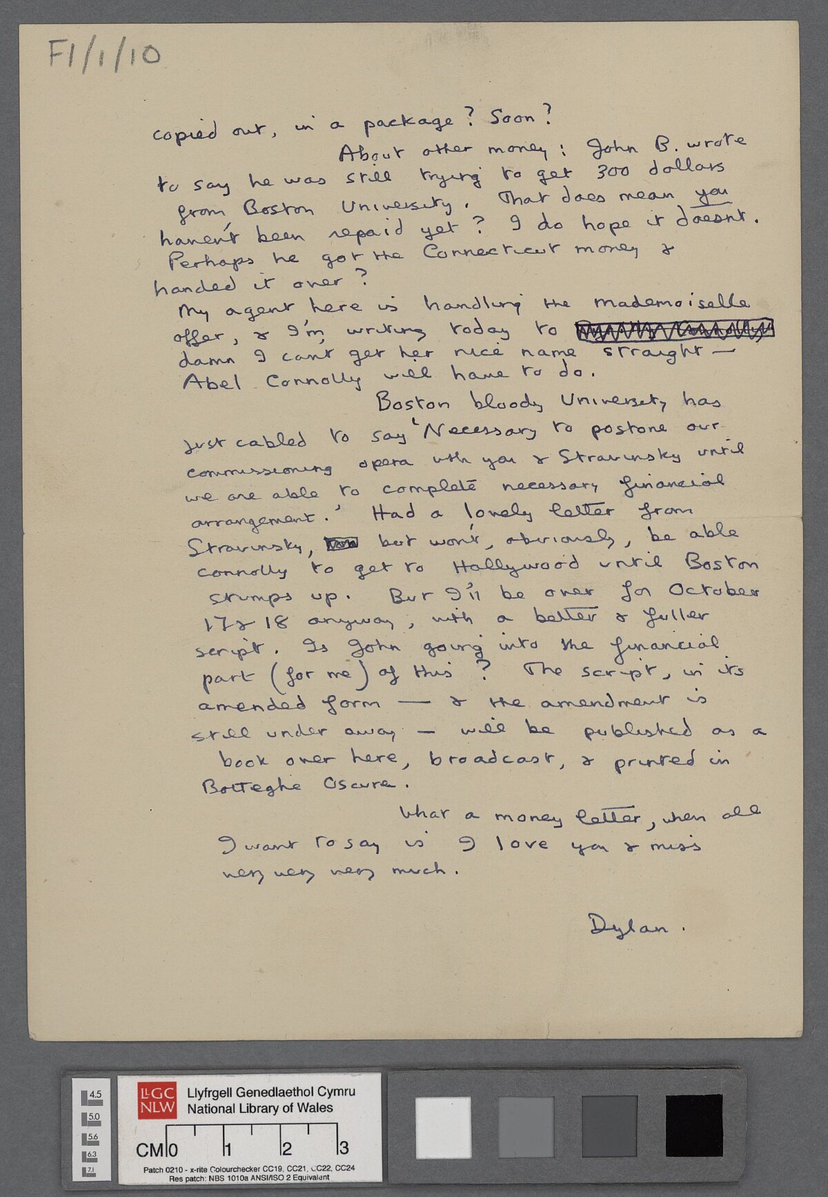 Second page of a letter, dated 15 July 1953, to Elizabeth Reitell. In it, Dylan refers to 'Under Milk Wood', financial matters, and a proposed opera in collaboration with Ivor Stravinsky.
