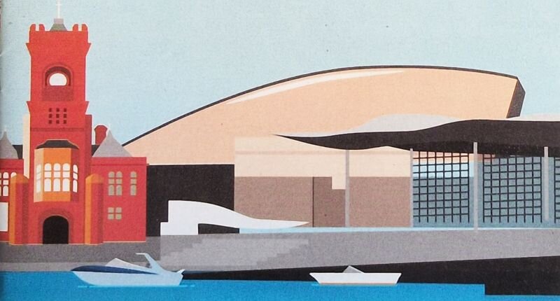A stylised illustration of Cardiff Bay, including the red brick Pierhead building, the Millenium Centre and the Senedd