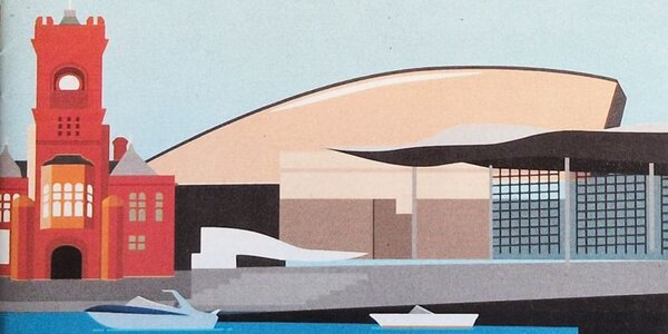 A stylised illustration of Cardiff Bay, including the red brick Pierhead building, the Millenium Centre and the Senedd