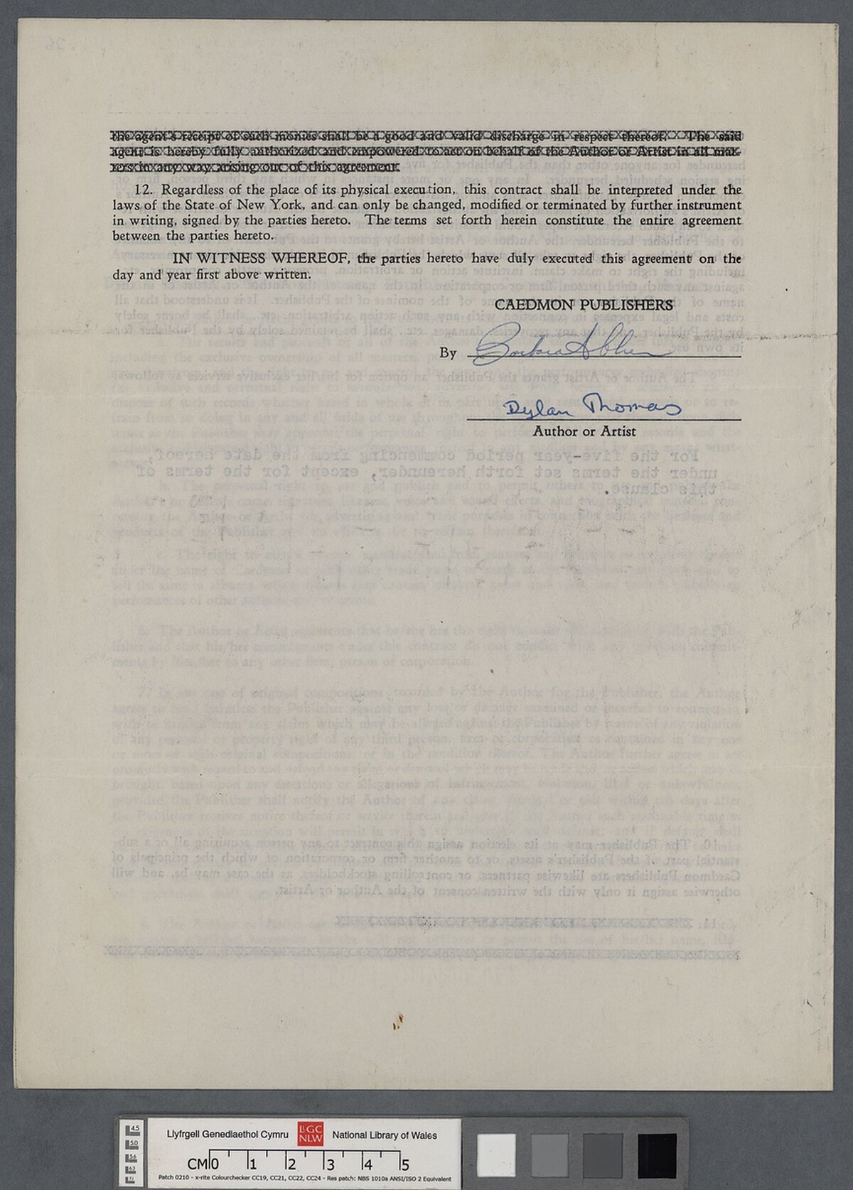 Contract for a recording session for Caedmon Publishers, 17 May 1953, of 'Poetry by Yeats' and 'Poetry and Prose by Dylan Thomas'.