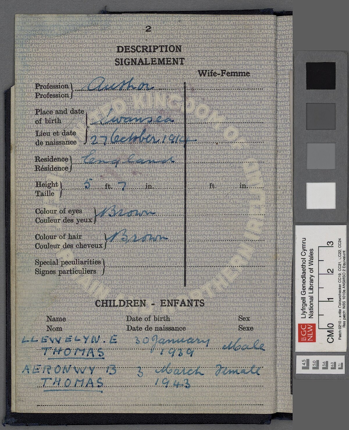 Page three of Dylan Thomas' passport.