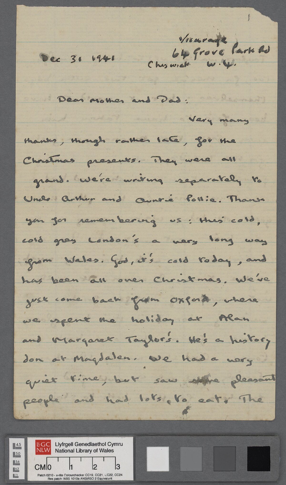 A letter, dated 31 December 1941, from Dylan to his parents D.J. and Florence Thomas. In it, he thanks them for the Christmas presents and mentions his recent work on information films and radio scripts.