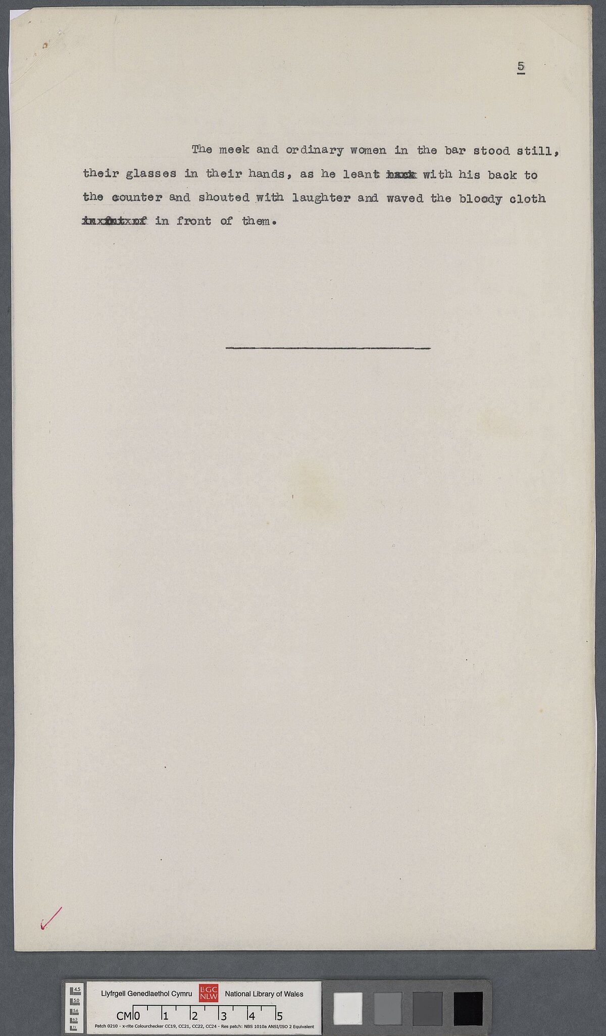 Page five of a typescript copy, containing a few corrections, of a story entitled, 'The Vest'. This work was first recorded in the 1934, 'Red notebook'.