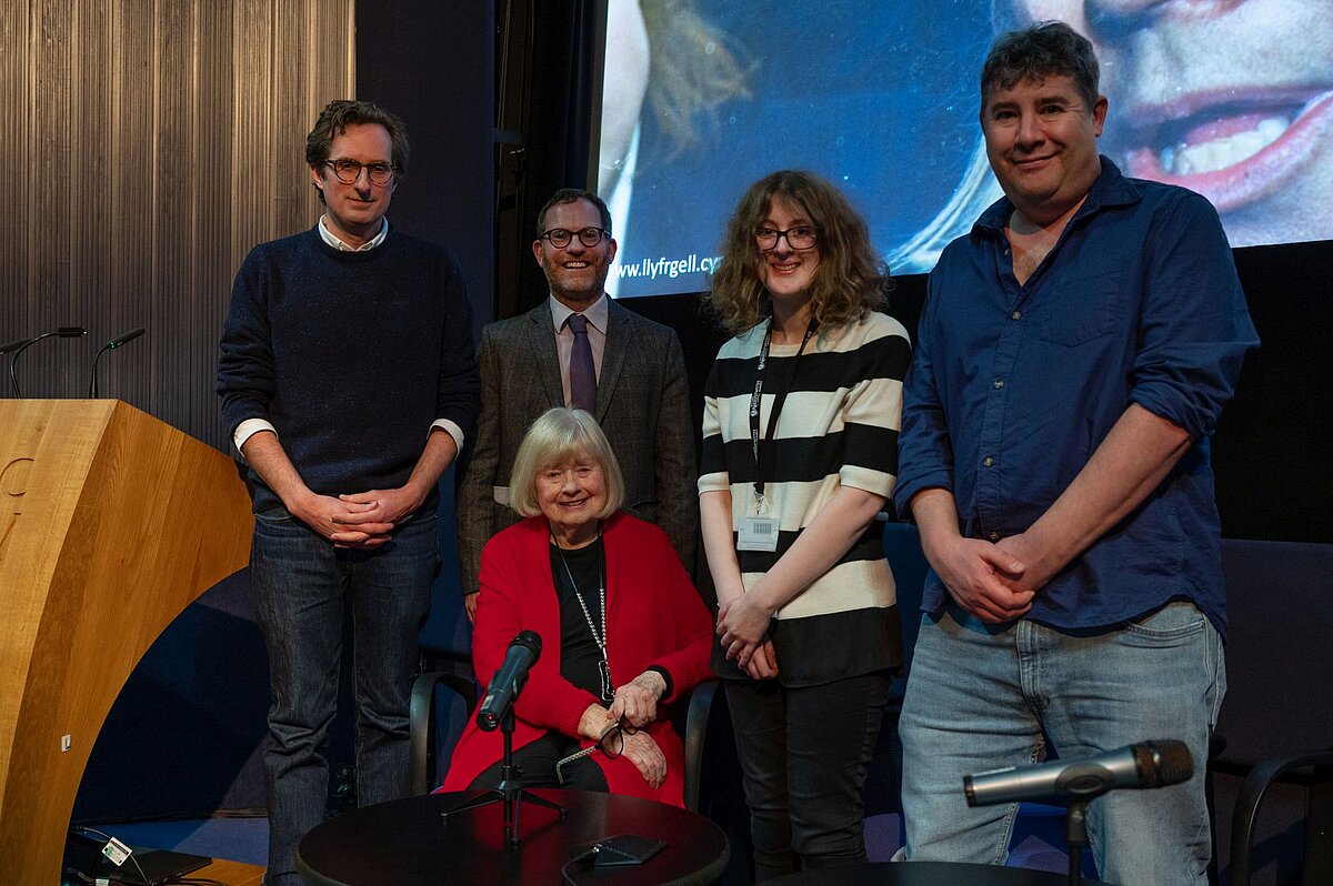 Ann Clwyd, Oliver Craner, Dr James Vaughan, Rob Phillips and Siân Smith in the Drwm at the Library during the launch of the Ann Clwyd Archive project