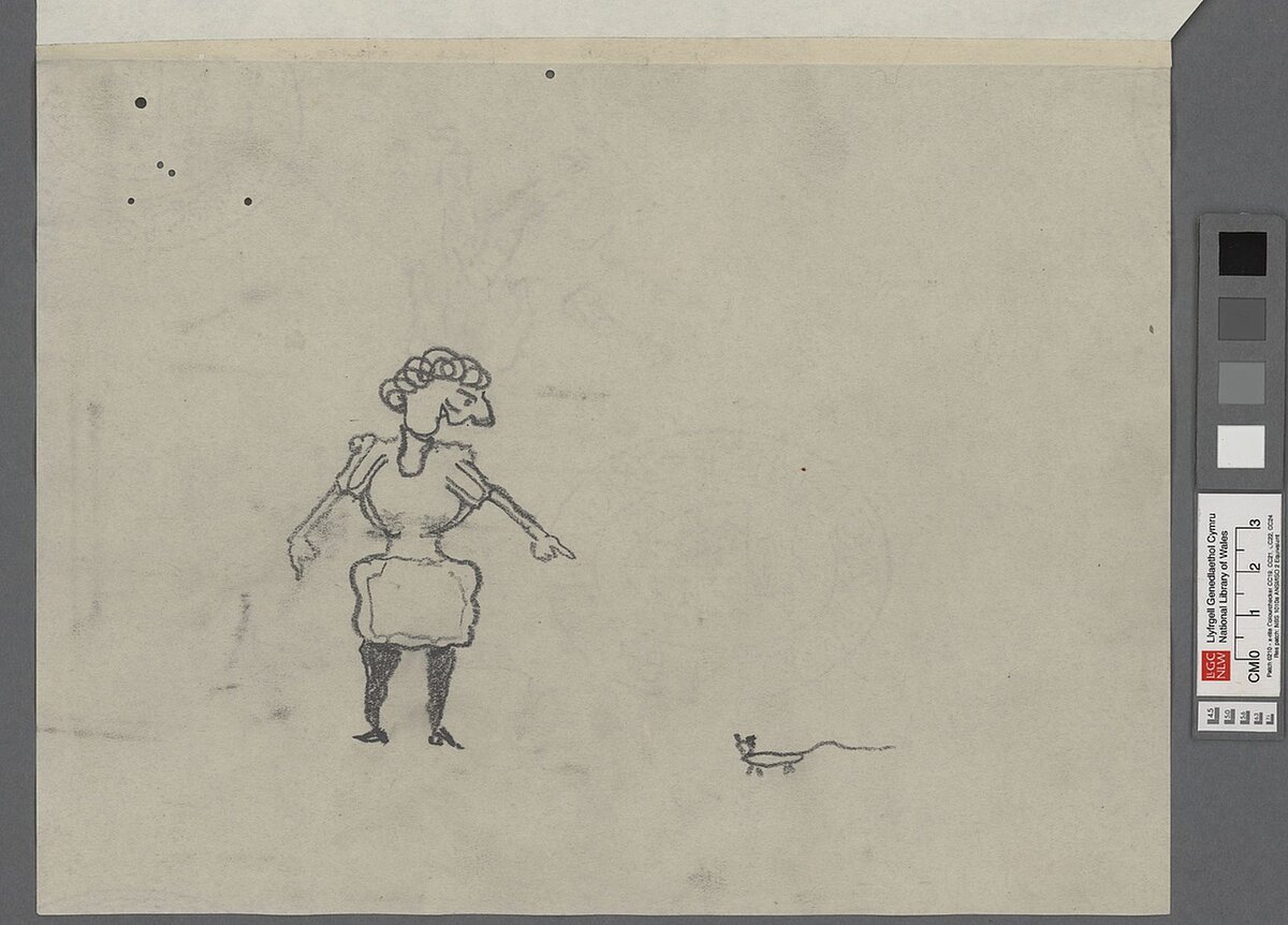 A drawing in Dylan Thomas' hand of a woman, on the left, pointing to a small mouse, on the right.