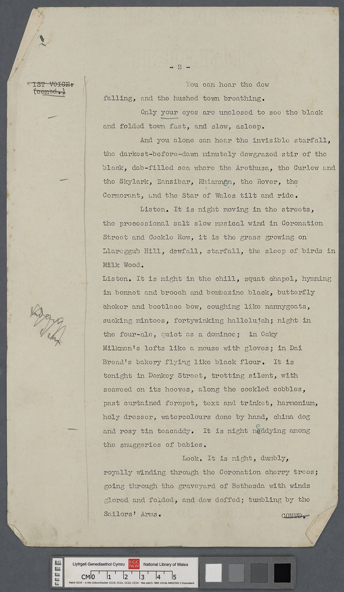 Third page of a 1953 script of Under Milk Wood, with annotations in the hand of both Dylan Thomas and Daniel Jones. The wallet, in which the script was enclosed, is labelled "1 of New York scripts".
