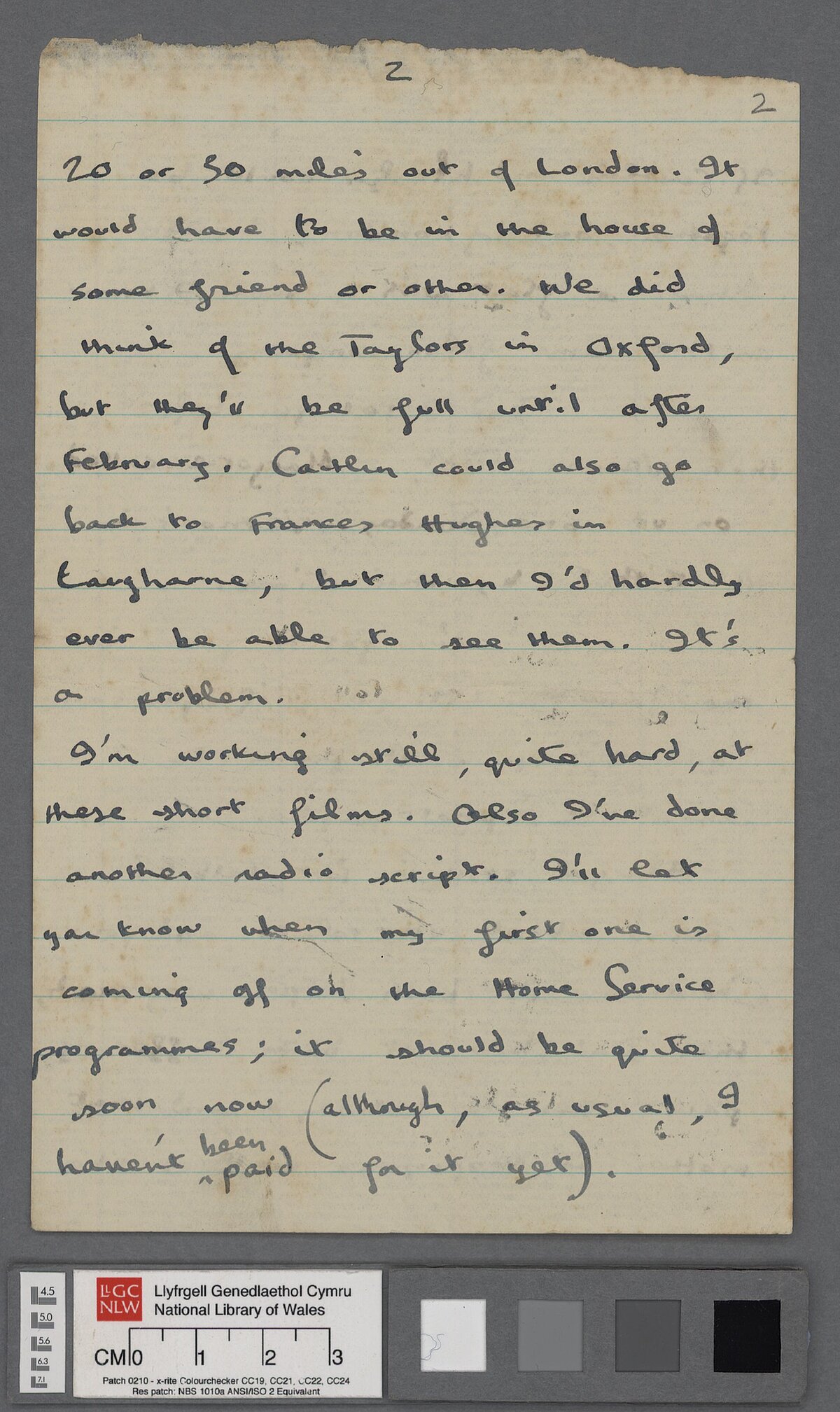 Third page of a letter, dated 31 December 1941, from Dylan to his parents D.J. and Florence Thomas. In it, he thanks them for the Christmas presents and mentions his recent work on information films and radio scripts.