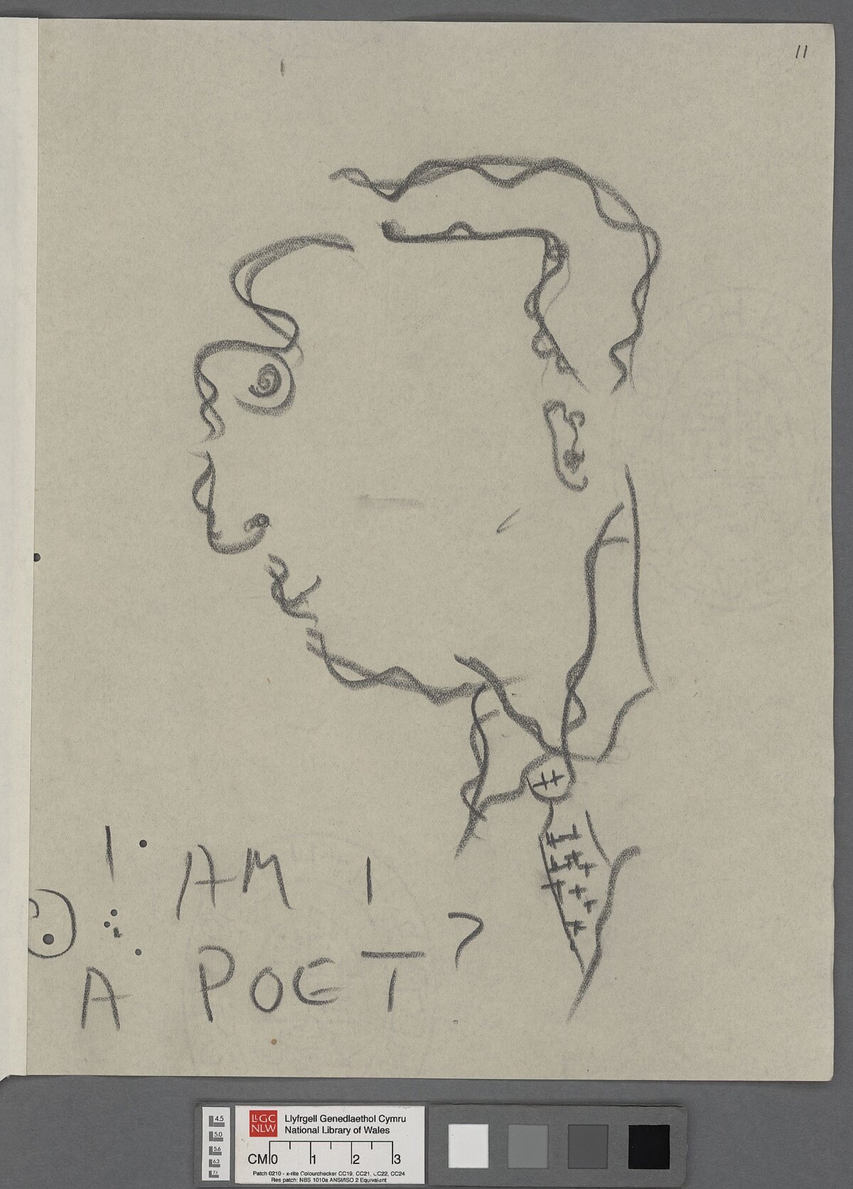A portrait sketch in Dylan Thomas' hand with the words 'Am I a Poet?' noted in the corner of the page.