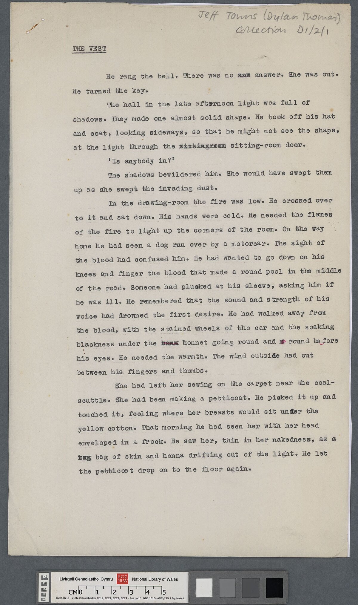 Typescript copy, containing a few corrections, of a story entitled, 'The Vest'. This work was first recorded in the 1934, 'Red notebook'.