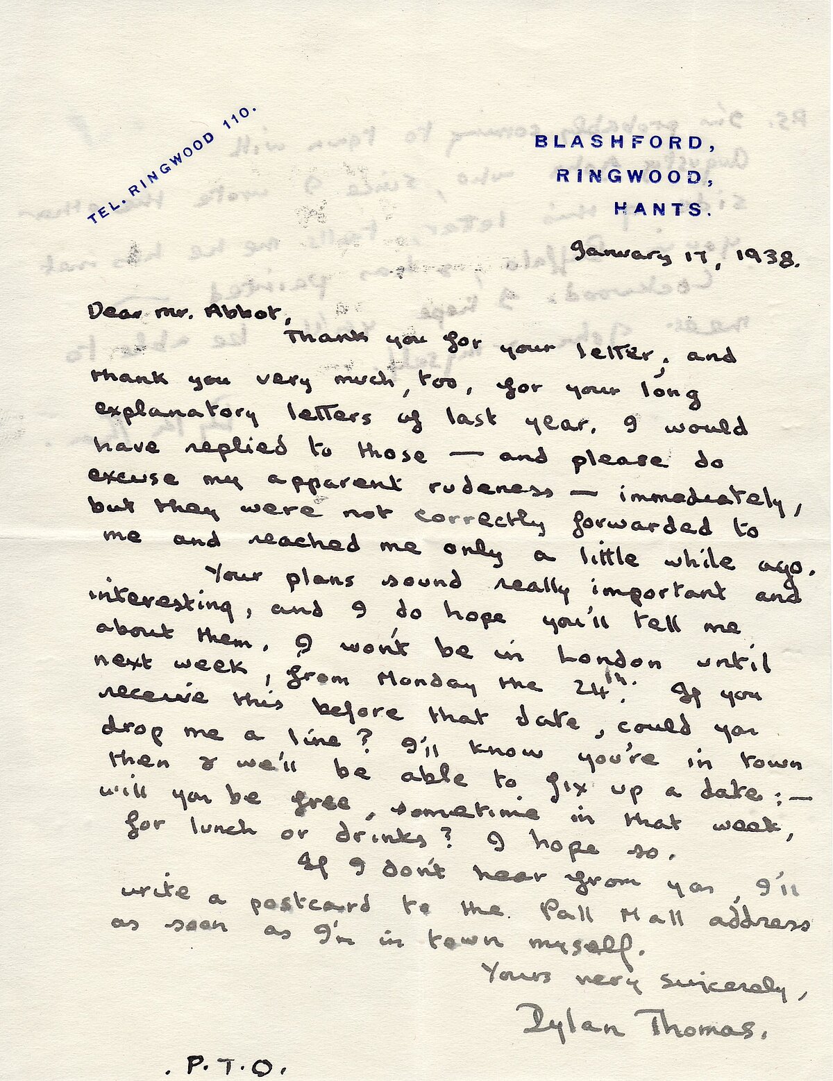 Letter from Dylan Thomas to C.D. Abbott, 17 January 1938.