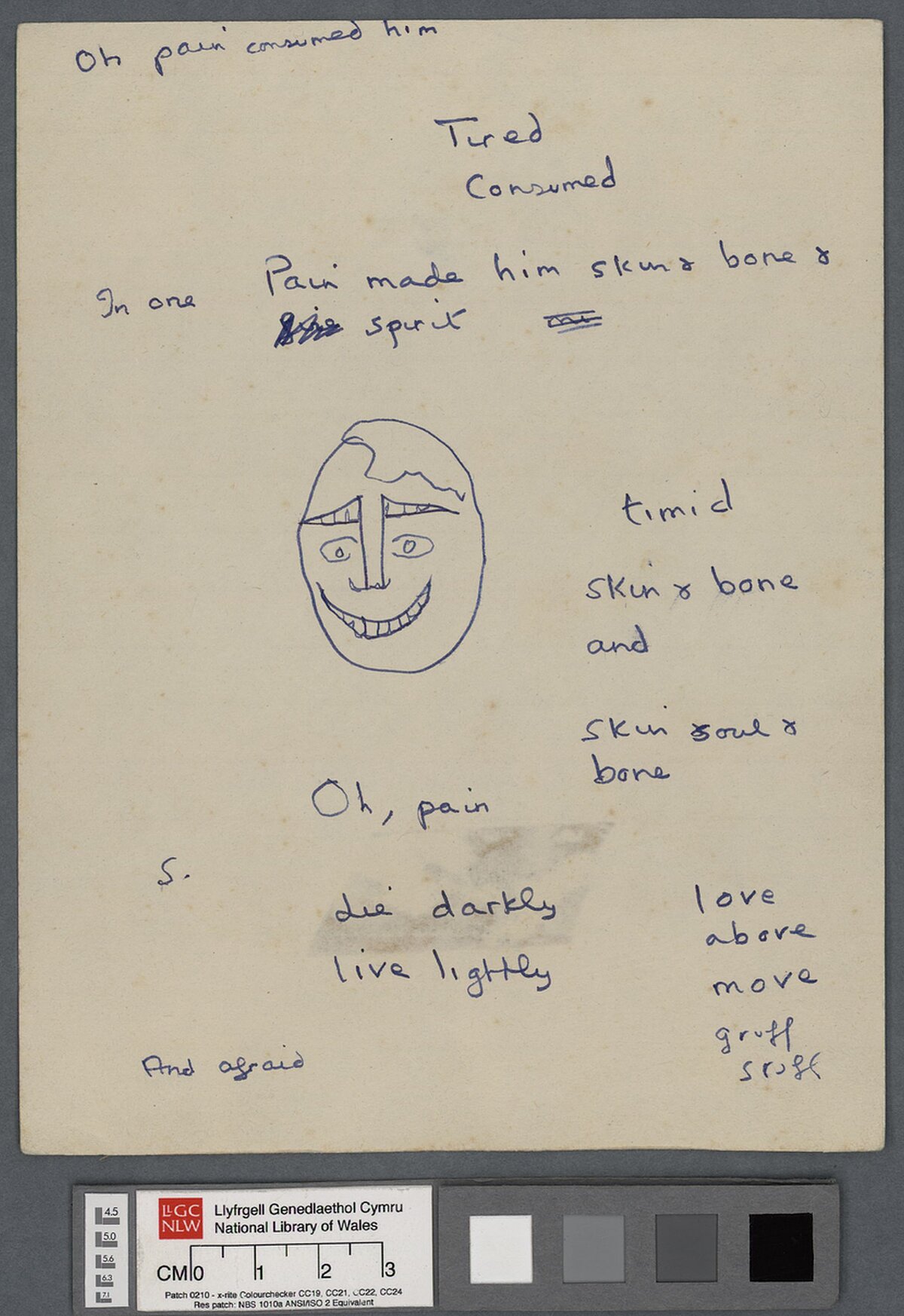 One page of notes, and doodle of a face, in the hand of Dylan Thomas whilst composing his last poem, the unfinished 'Elegy' to his father. Vernon Watkins later completed the poem.