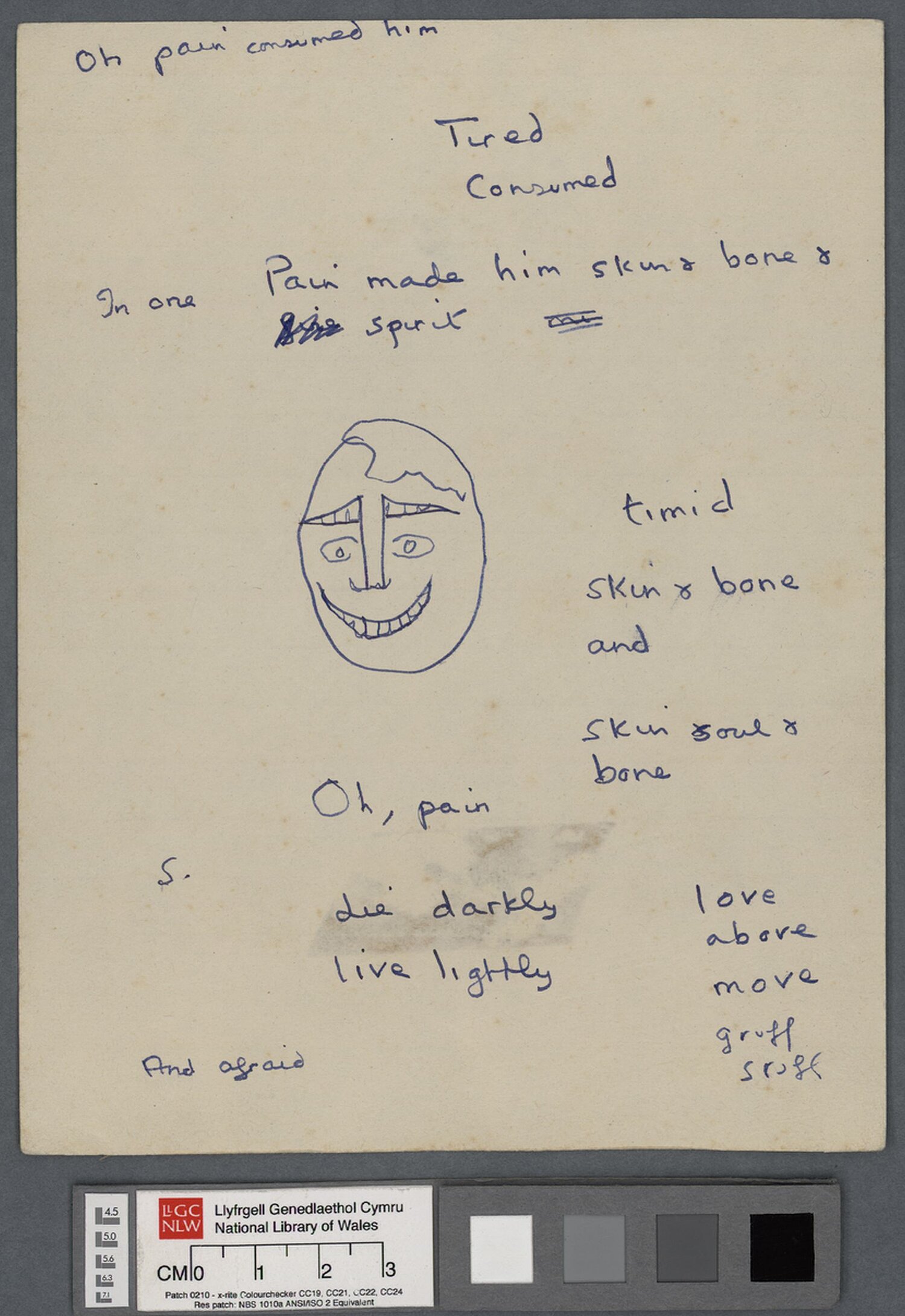 One page of notes, and doodle of a face, in the hand of Dylan Thomas whilst composing his last poem, the unfinished 'Elegy' to his father. Vernon Watkins later completed the poem.