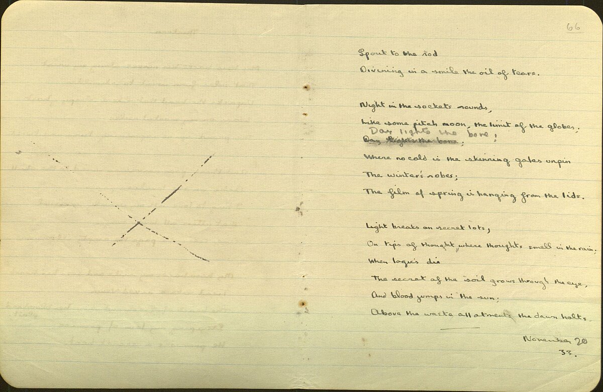 Draft of the poem, 'Light breaks where no sun shines', from the 1934 Notebook.