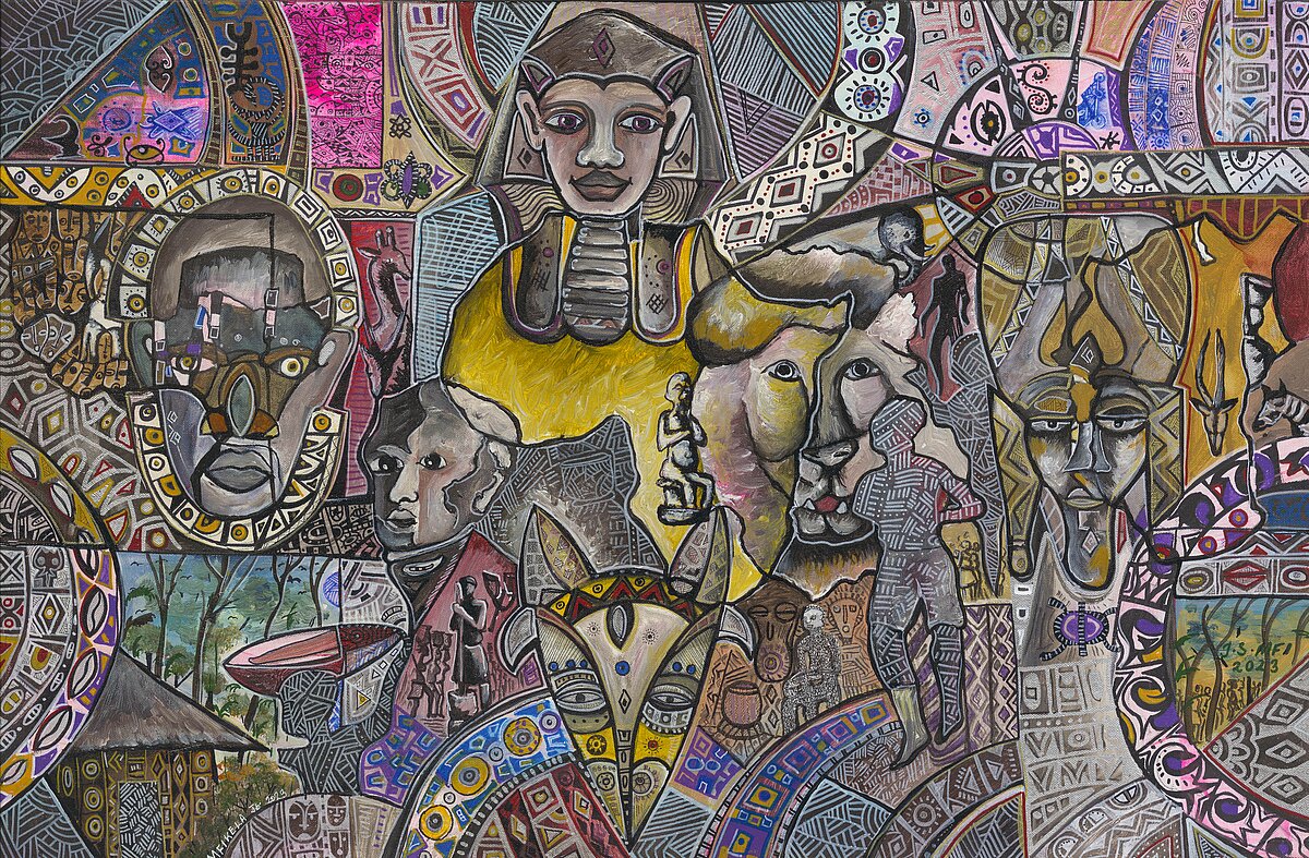 A bright painting with many overlapping symbols, including the shape of Africa, a sphinx, the head of Mungo Park, masks and patterns