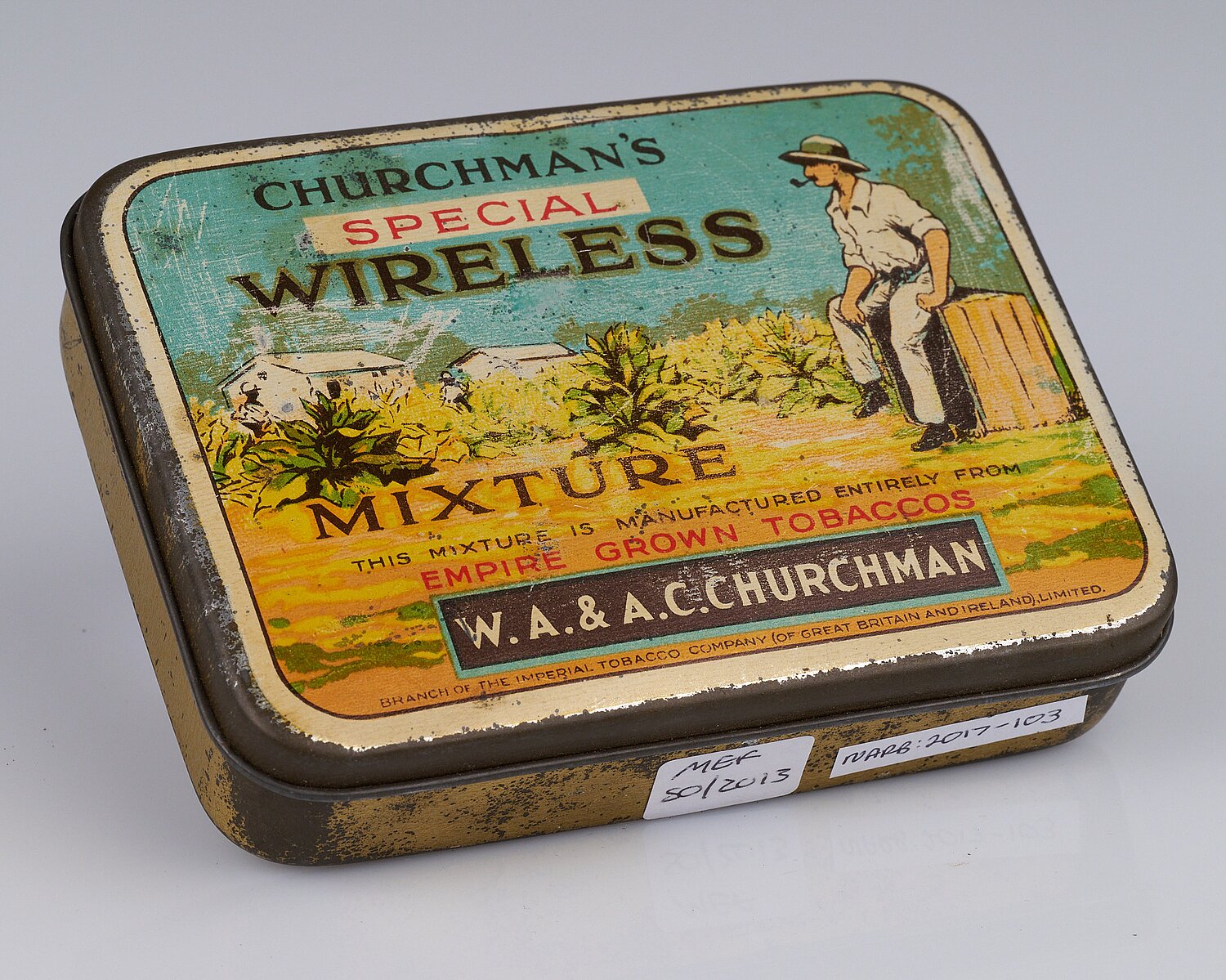 Churchman's wireless tobacco mixture tin, Narberth, c.1930