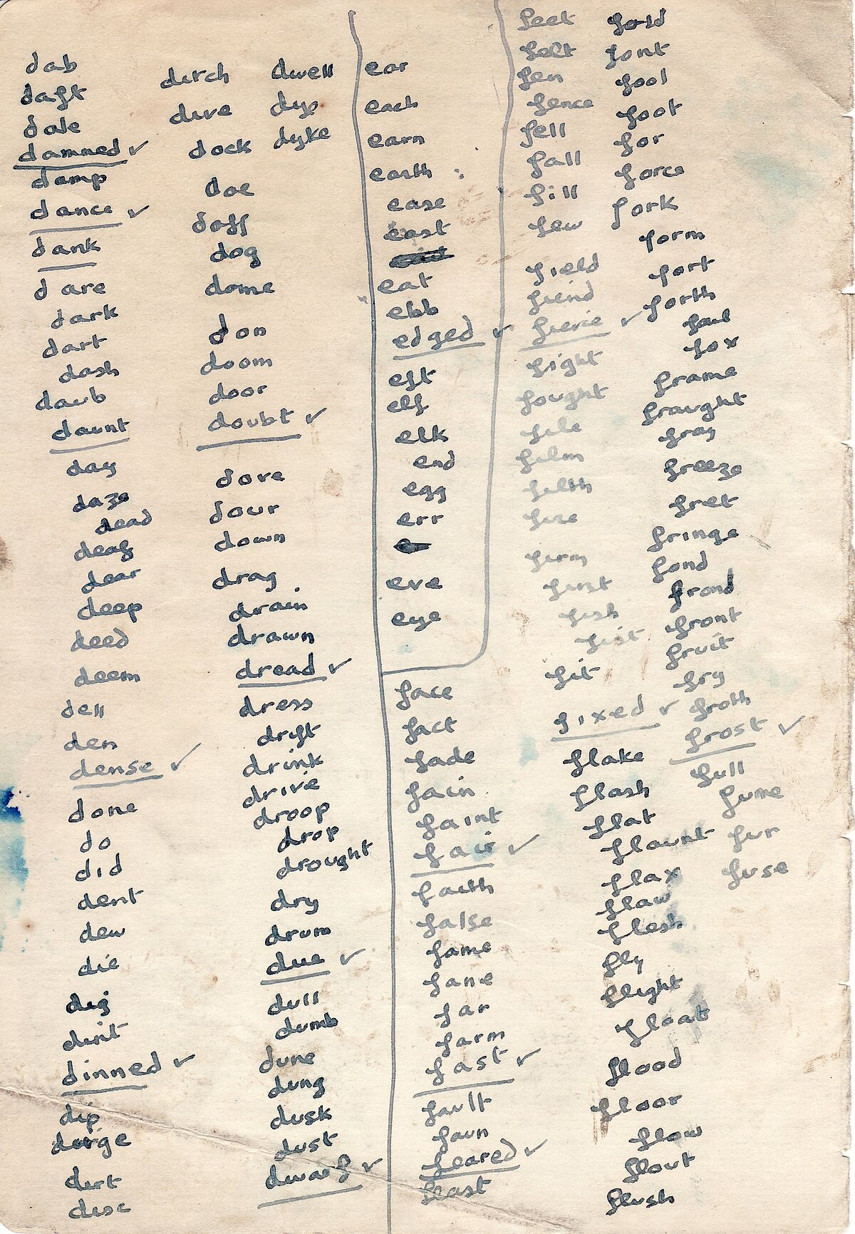A list of rhyming words in Dylan Thomas' hand (side 2).