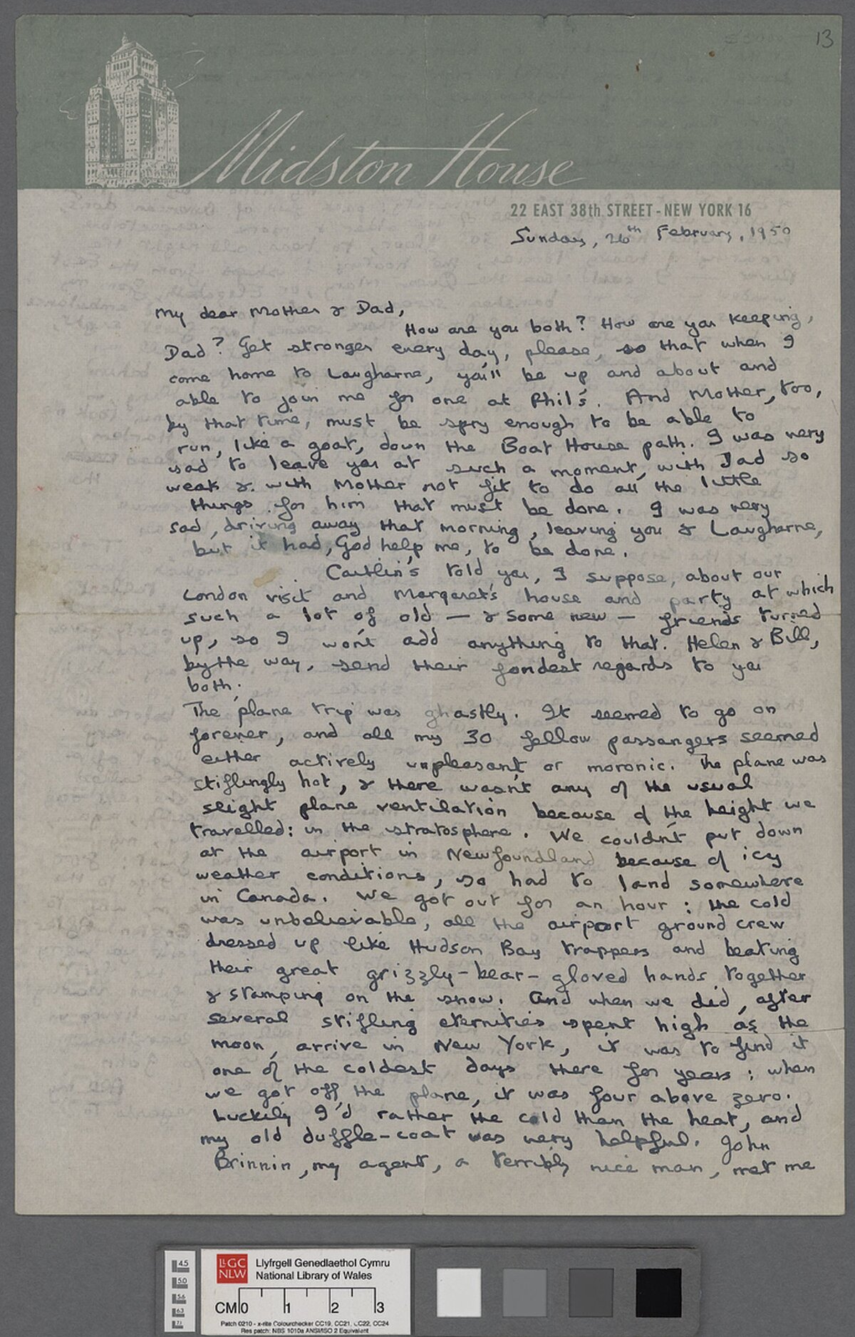 A letter from Dylan Thomas to his parents, sent from New York on 26 February 1950, during his first tour of America.