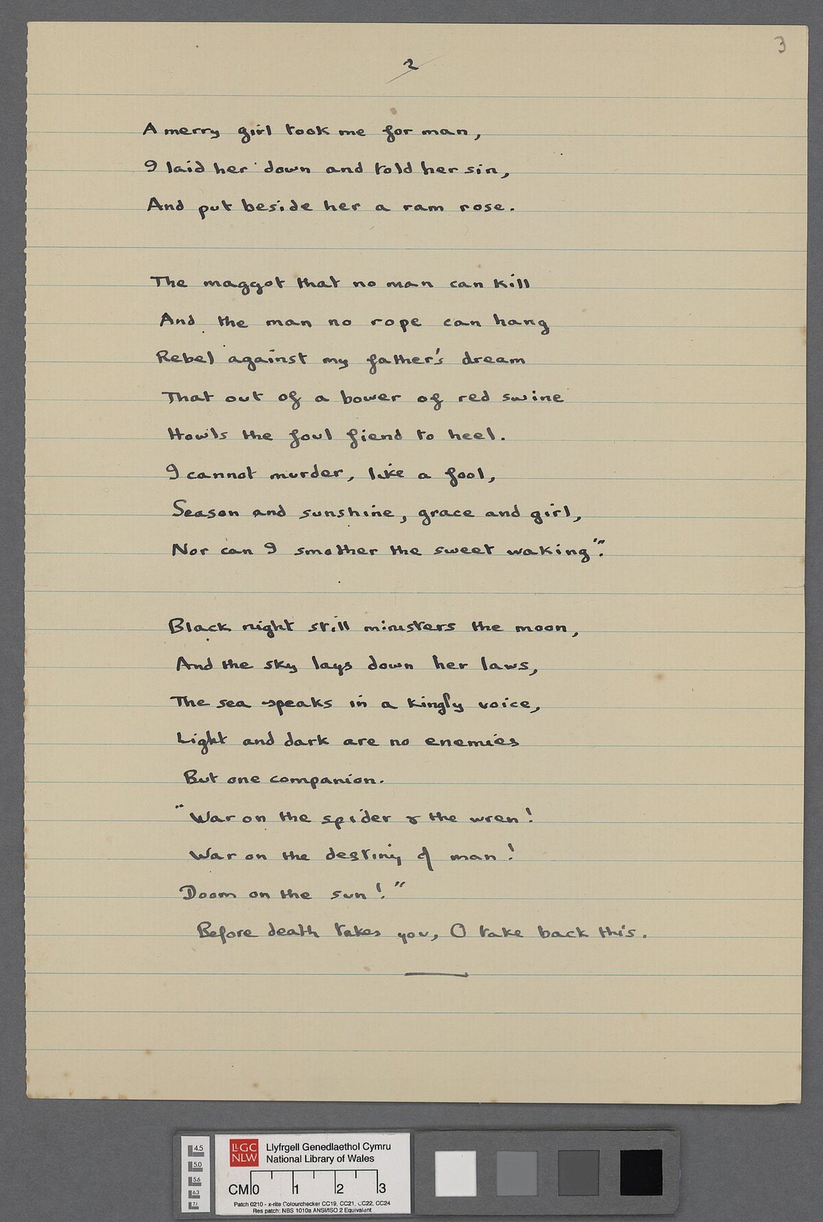 Manuscript of the poem 'Ears in the turrets hear', sent by Dylan Thomas to Thomas Taig 'for some kind of dramatic presentation'.