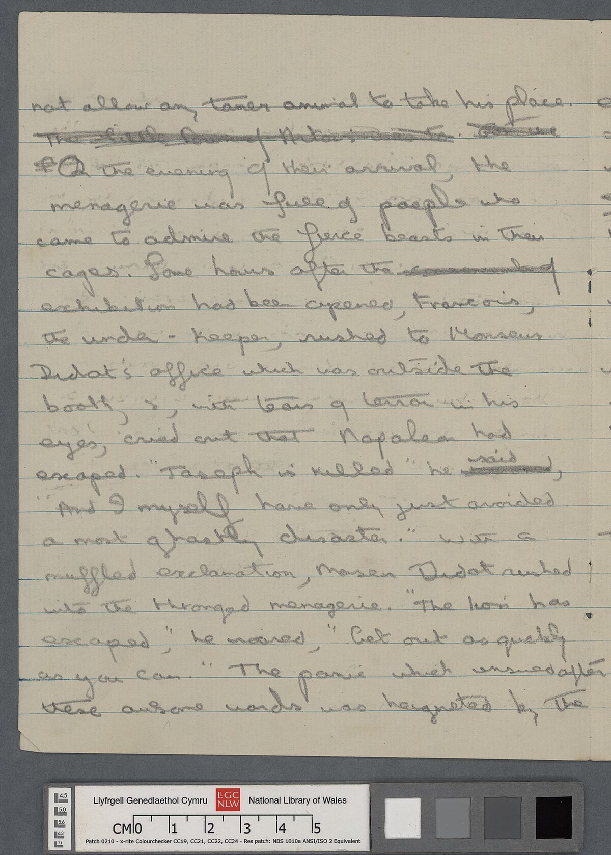 Page two of an early untitled and unpublished draft of a short story by Dylan Thomas which opens "Monsieur [sic] Didot's menagerie reached the little town of Artois early in the summer morning some years ago".