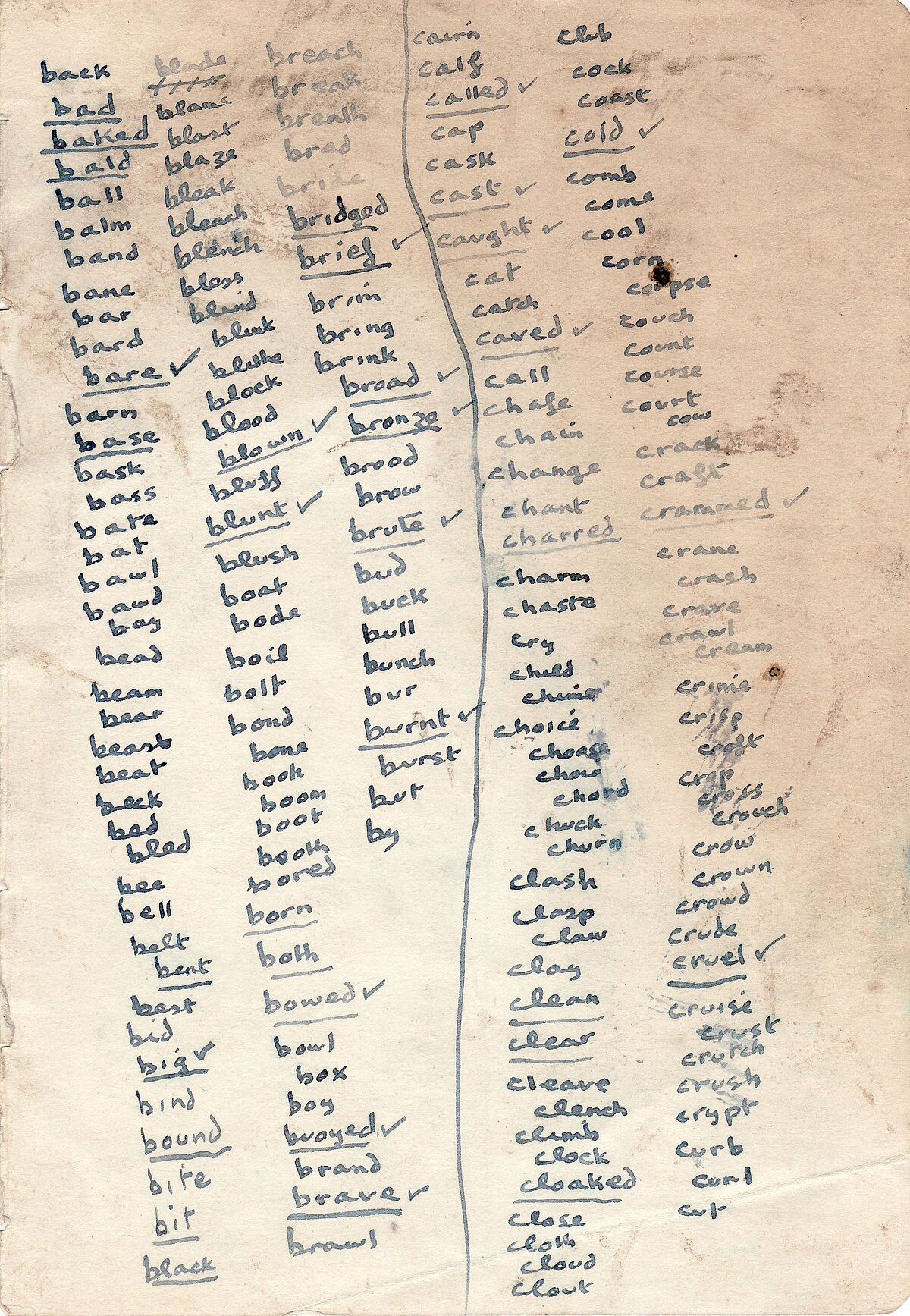 A list of rhyming words in Dylan Thomas' hand (side 1).