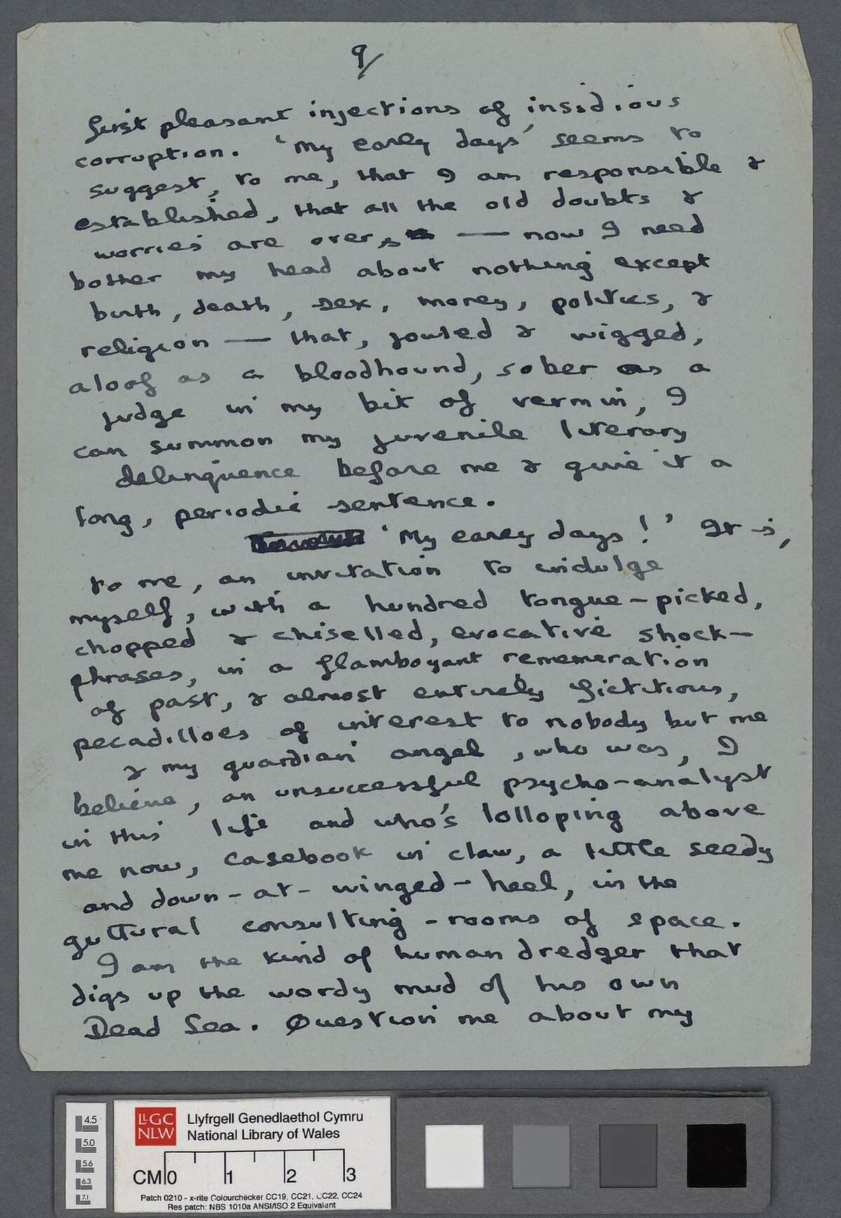 Ninth page of a draft, containing numerous amendments, of an introduction to a poetry reading by Dylan Thomas.