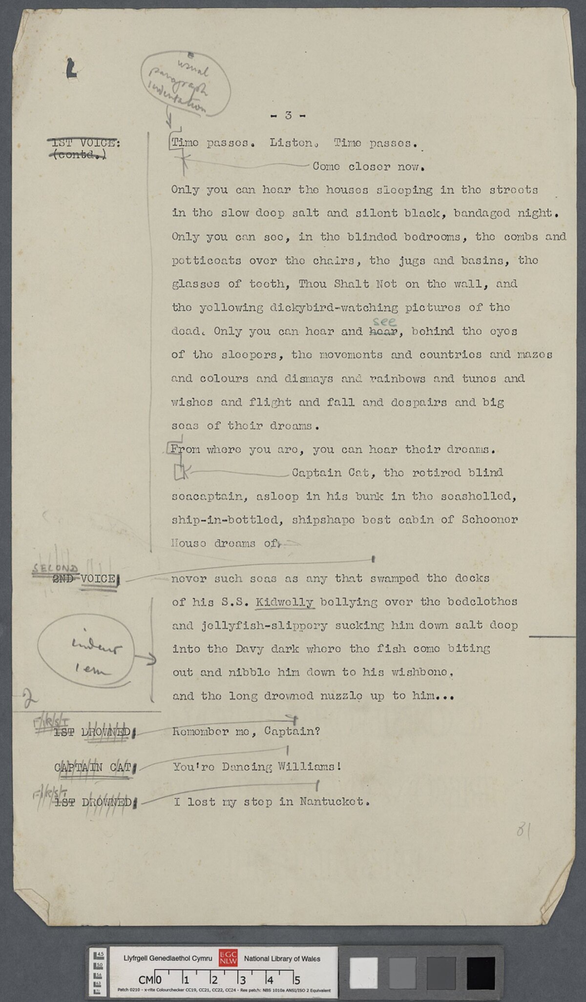 Fourth page of a 1953 script of Under Milk Wood, with annotations in the hand of both Dylan Thomas and Daniel Jones. The wallet, in which the script was enclosed, is labelled "1 of New York scripts".