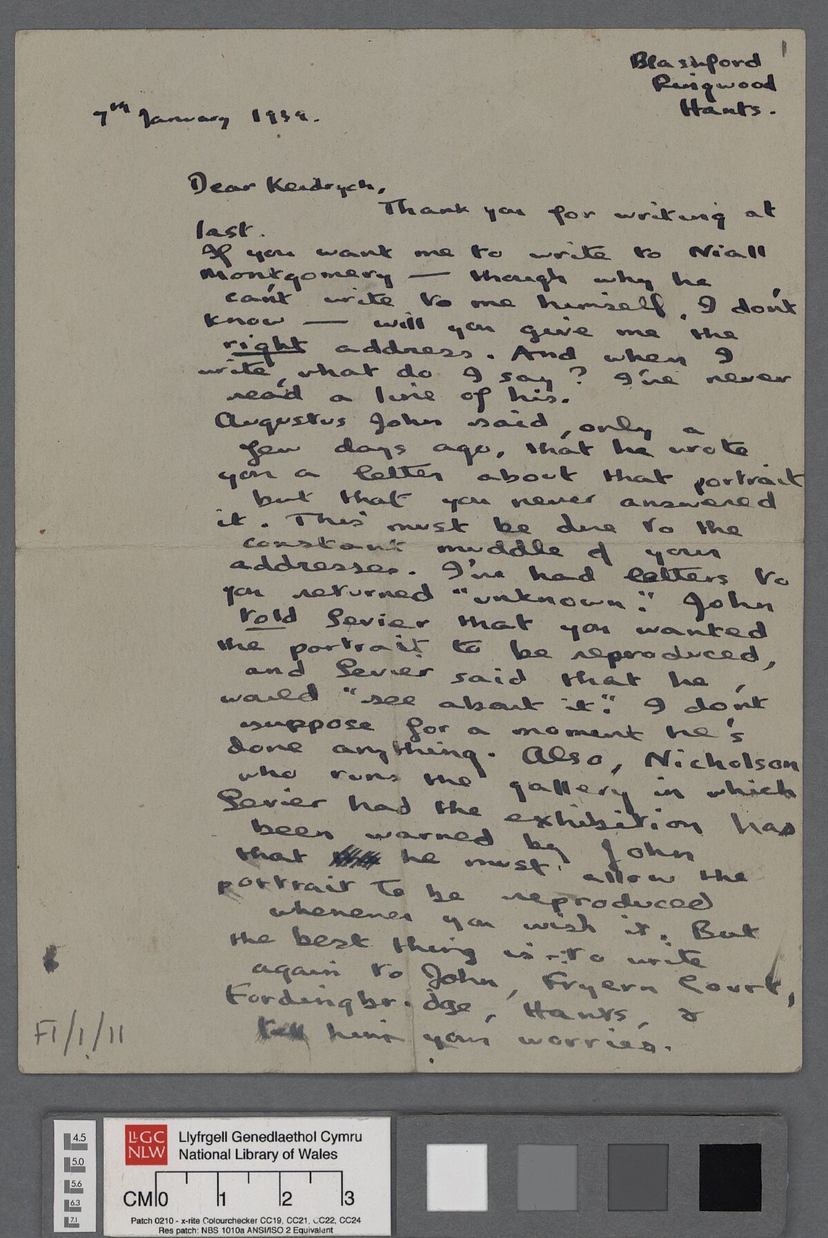 A letter, dated 7 January 1938, to Keidrych Rhys, in which he expresses his frustration at Rhys and his 'Wales' magazine.