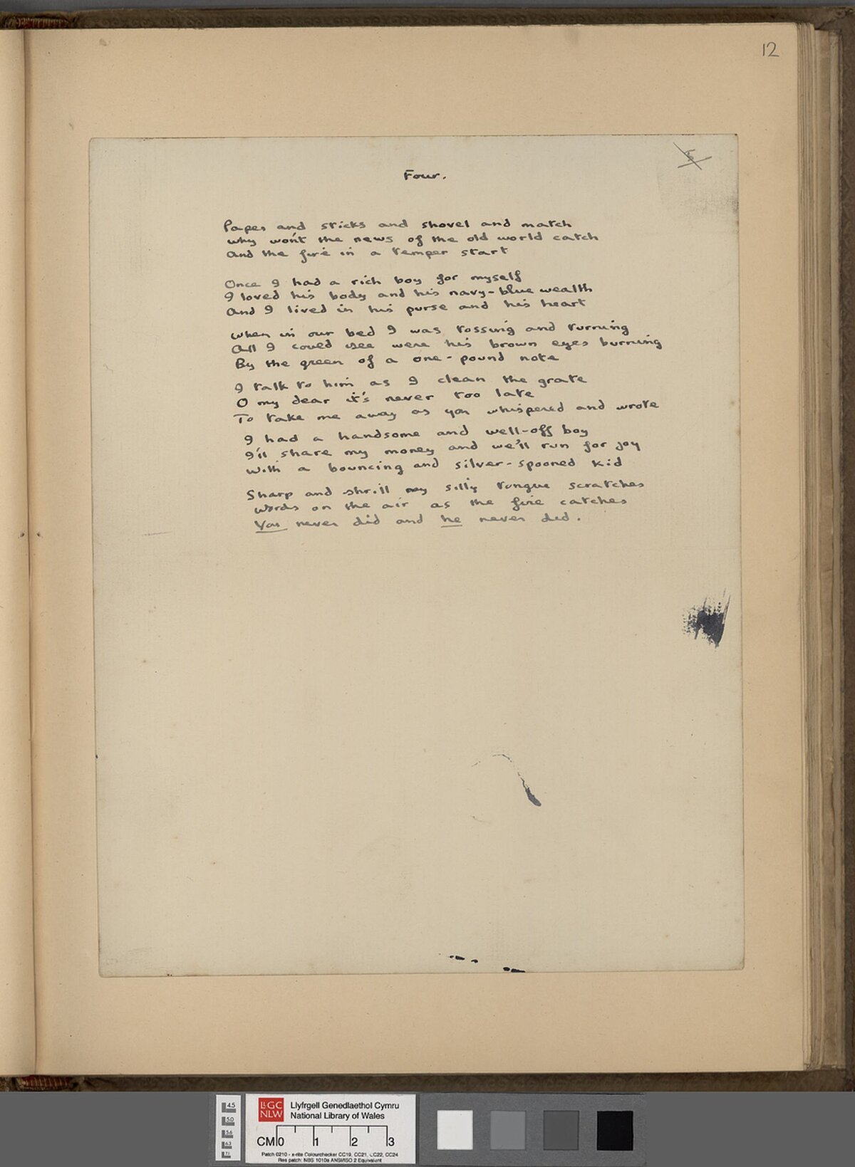 A sample copy of part of a projected printed book by Ezra Pound, to be called 'The Complete Works of Guido Cavalcanti'. It contains four autograph poems and a prose fragment by Dylan Thomas, as well as two typescript poems by Vernon Watkins. Shown here is the poem 'Paper and Sticks'.