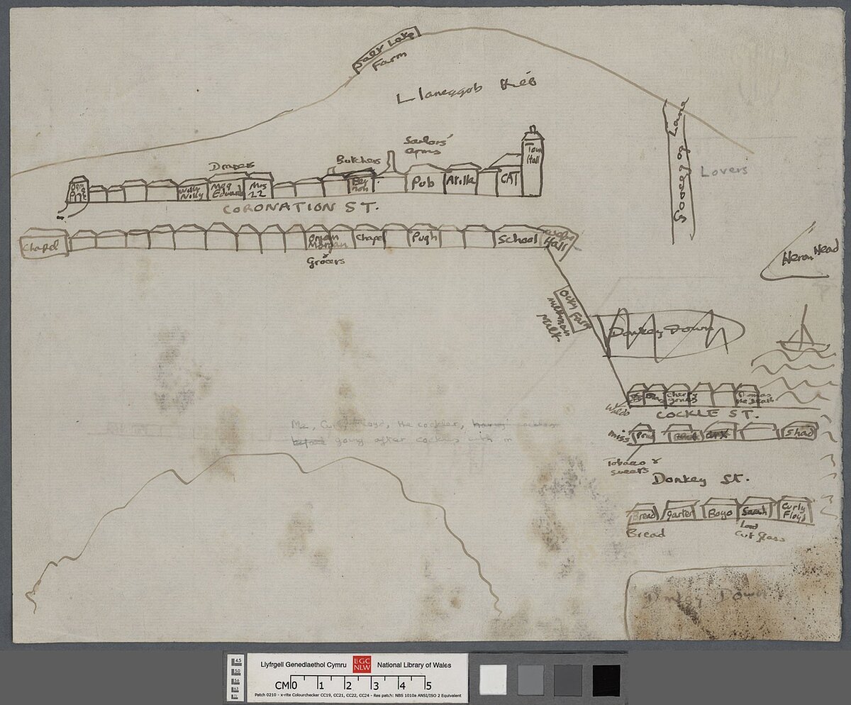 A sketch map of the fictional village, Llareggub, drawn by Dylan Thomas whilst composing his play for voices Under Milk Wood.