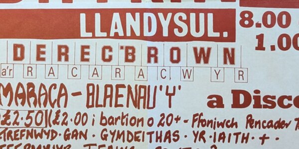 Part of a gig and disco poster, red text with white background. Lists band names, time of disco and price of entry.