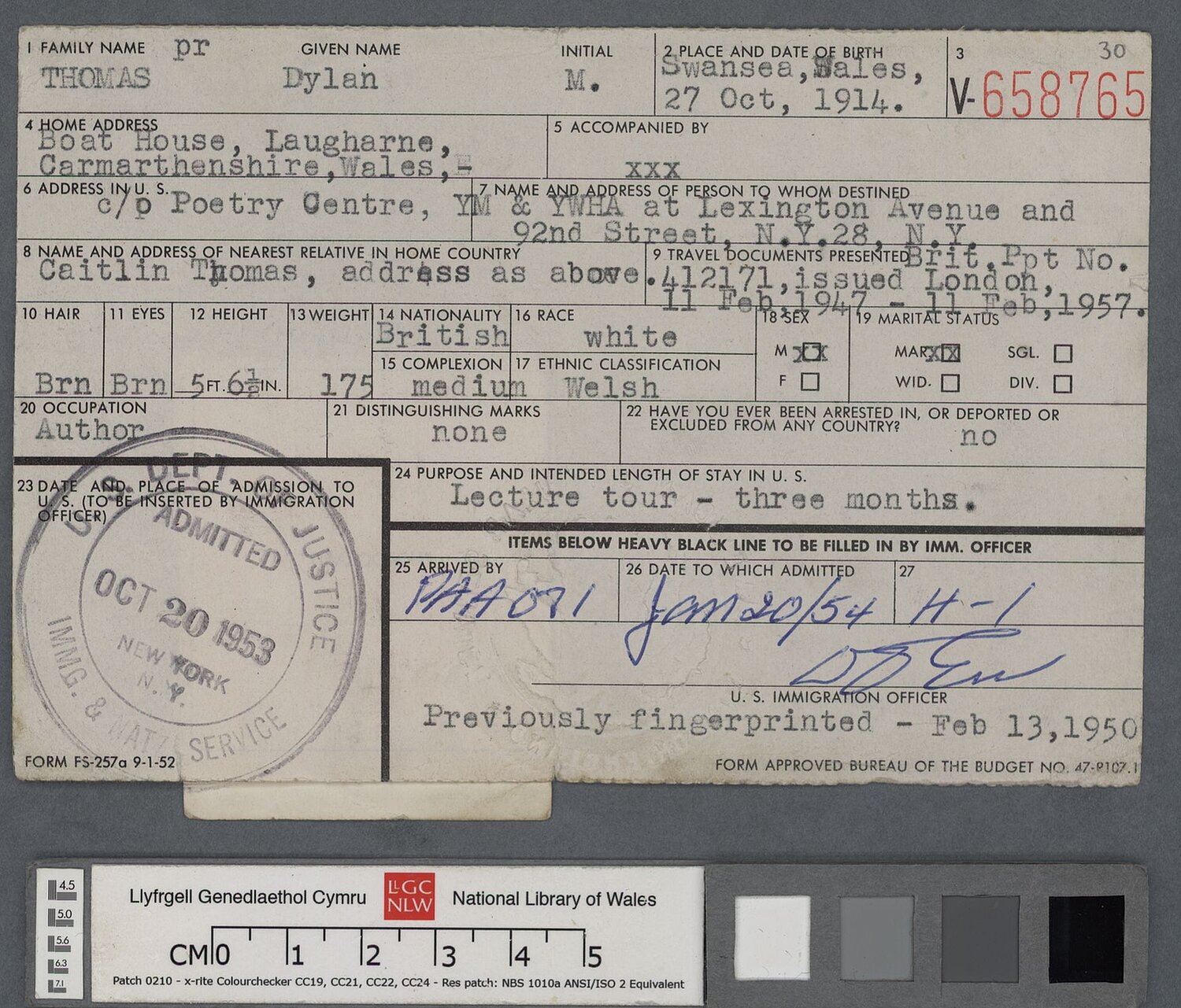 Dylan Thomas' temporary Entry Permit into the USA for his last American tour, dated 20 October 1953.