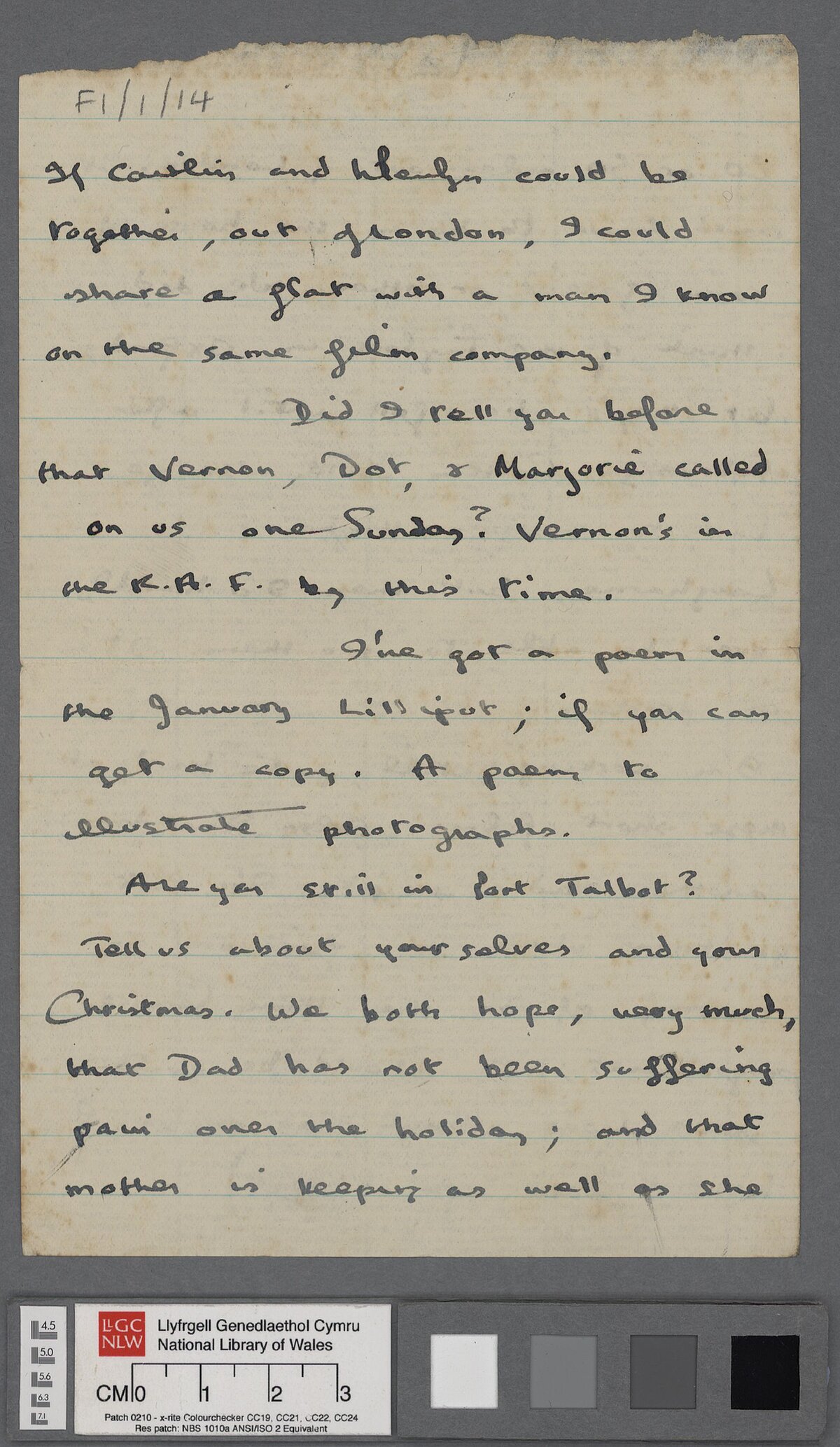 Fourth page of a letter, dated 31 December 1941, from Dylan to his parents D.J. and Florence Thomas. In it, he thanks them for the Christmas presents and mentions his recent work on information films and radio scripts.