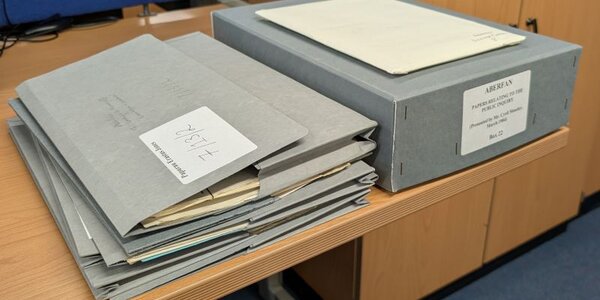 A selection of boxes and files labelled 'Aberfan Papers'