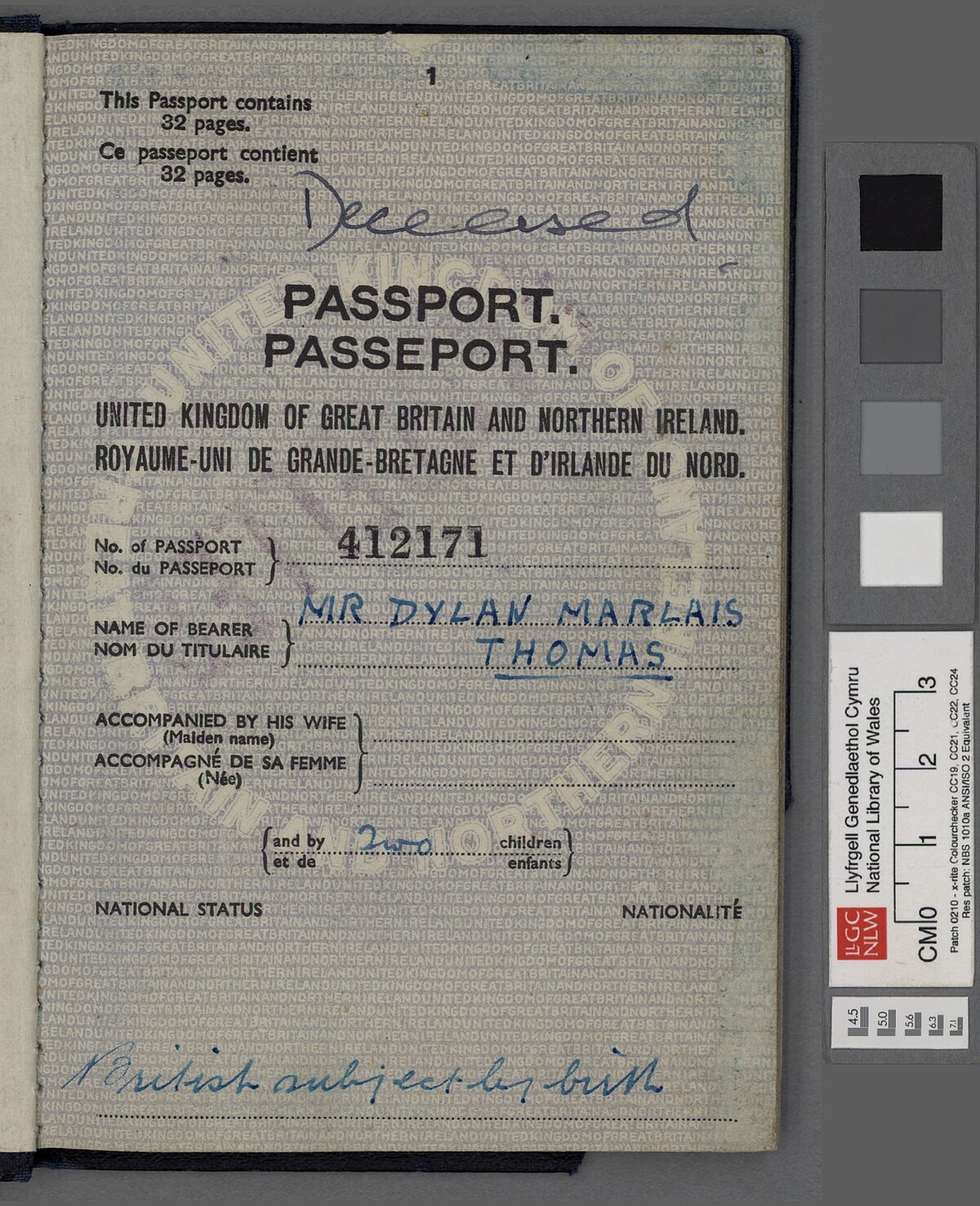 Page two of Dylan Thomas' passport.