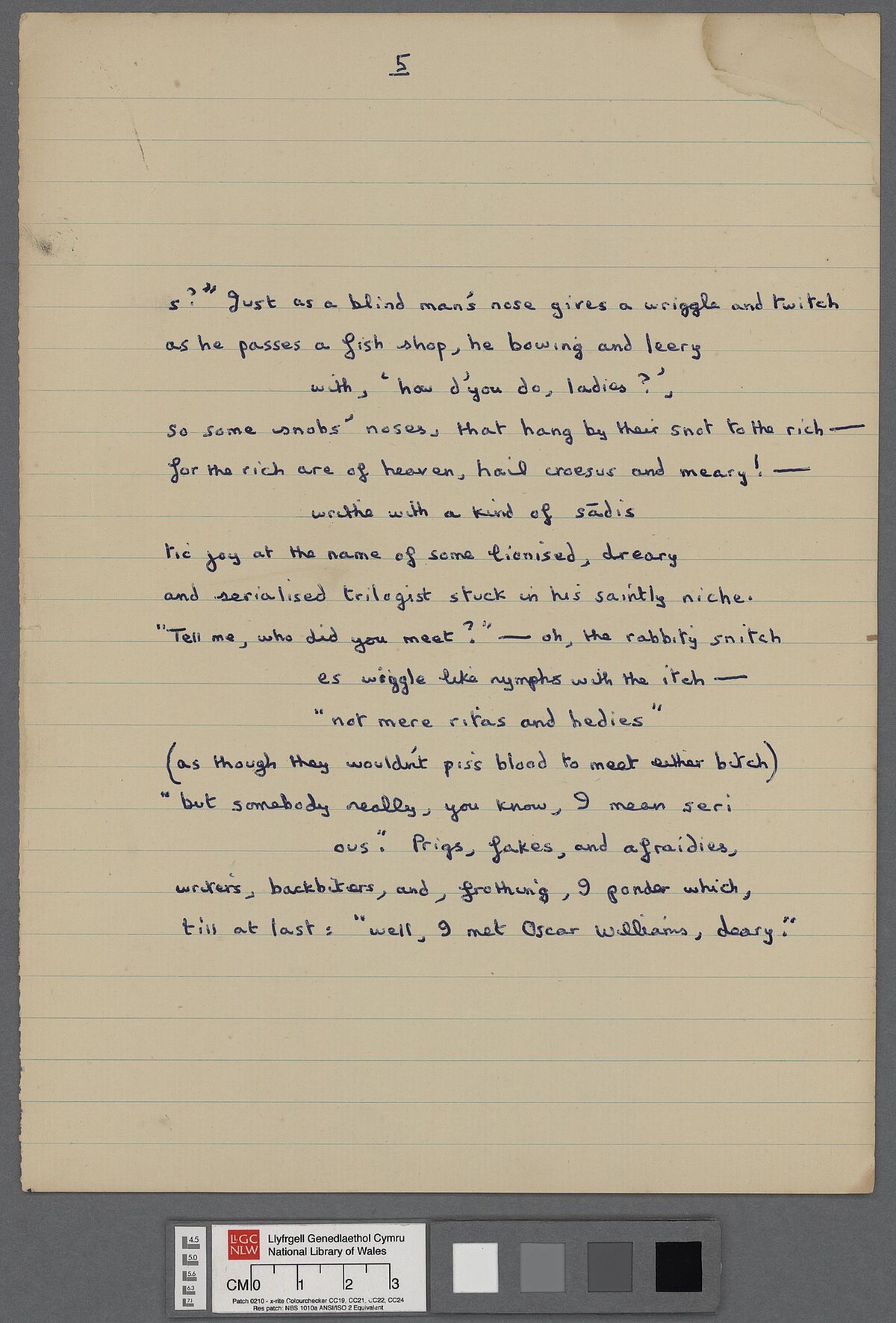 Fifth page of a draft of 'Letter to Loren' (1951), a letter by Dylan Thomas written in verse, and sent to his friend Lloyd Frankenberg and Loren MacIver on his return to Laugharne following his first American tour. This annotated manuscript appears to be a final draft.