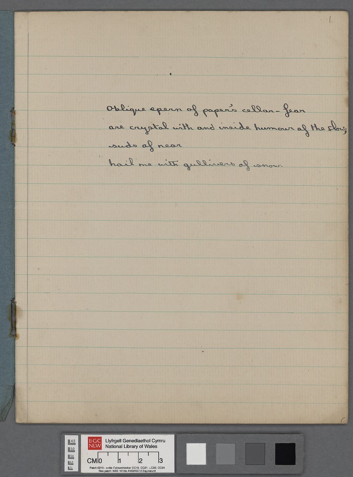 Ruled page from an exercise book containing a stanza by Dylan Thomas. It appears that this particular poem, 'Oblique epern of paper's cellar-fern', is unpublished and unrecorded.