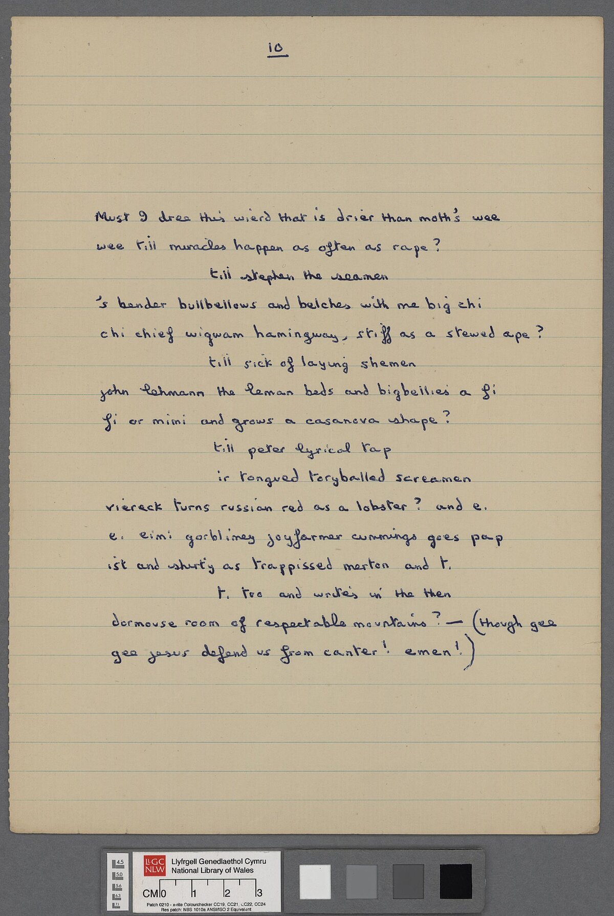 Tenth page of a draft of 'Letter to Loren' (1951), a letter by Dylan Thomas written in verse, and sent to his friend Lloyd Frankenberg and Loren MacIver on his return to Laugharne following his first American tour. This annotated manuscript appears to be a final draft.