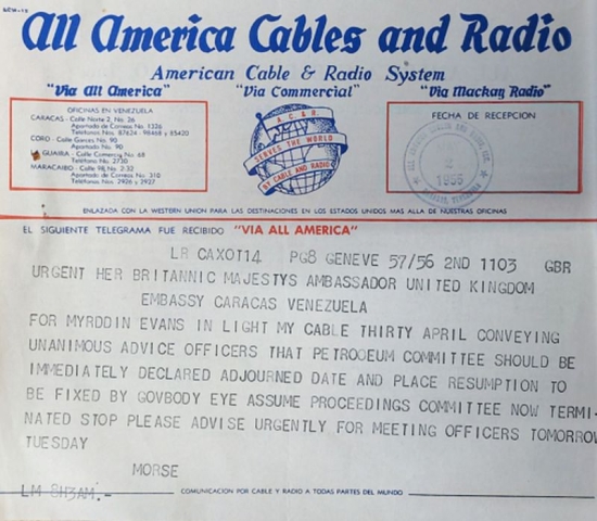 Telegram to Guildhaume Myrddin-Evans, 1955 h