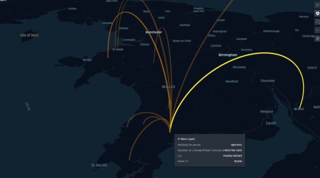 A visualisation for an individual using birthplace as a starting point, connected to all other places mentioned in their articles h