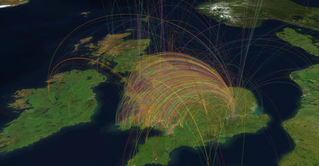 A visualisation for the whole collection using people’s birthplace as a starting point, connected to all other places mentioned in their articles. h