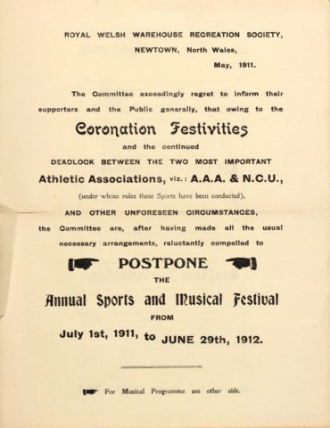 The postponement of the annual sports and musical festival at Newtown due to the Coronation. h