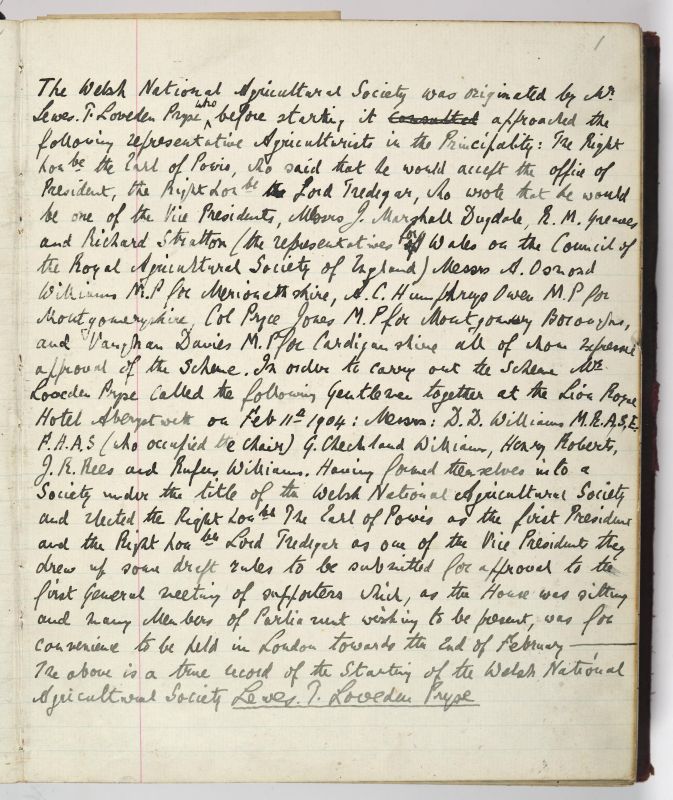 A page of notes from the Royal Welsh Society's minute book