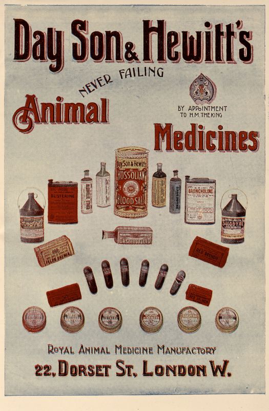 A poster showing a colour advertisment for Day, Son & Hewitt's 'Animal Medicines'