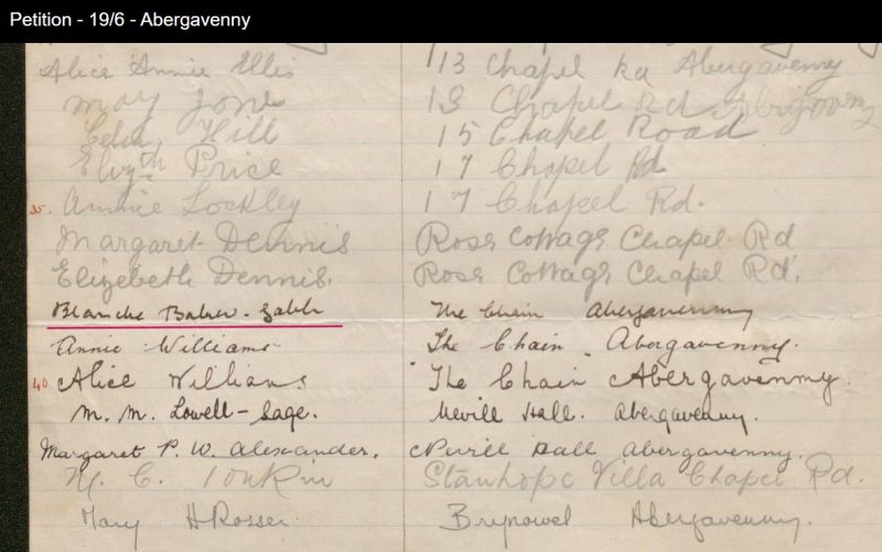 Blanche Baker-Gabb signature on the Welsh Women’s Peace Petition 1923 [National Library of Wales]