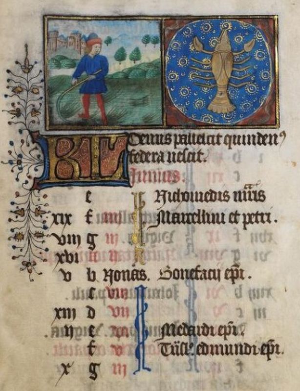 A decorated calendar page from the 15th-century 'De Grey Hours' showing feast days for the month of June
