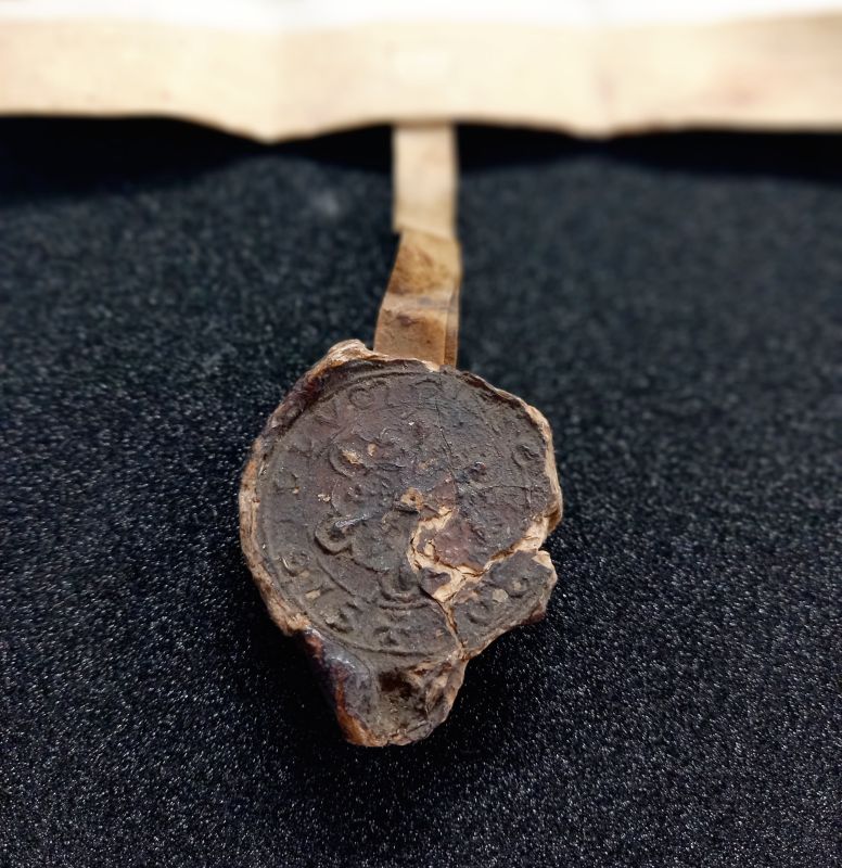 A brown wax seal with a rose design affixed to a parchment charter
