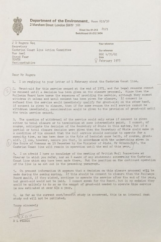 A letter from the Department of the Environment re the Cambrian Coast Line, February 1973 h