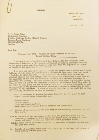 A letter re Closure of Dovey Junction to Pwllheli Branch Railway Line, May 1971 h