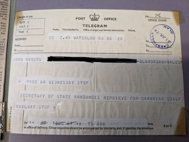 A telegram announcing a reprieve for the Cambrian Coast Railway, July 1974 h