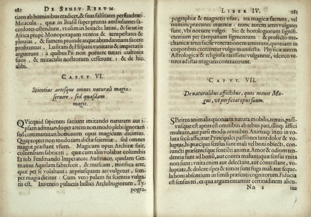Chapters 6 and 7 of the fourth book of 'De sensu rerum et magia' by Tommaso Campanella. The chapters discuss the interactions between science and magic and the affections of the magician and his work cc